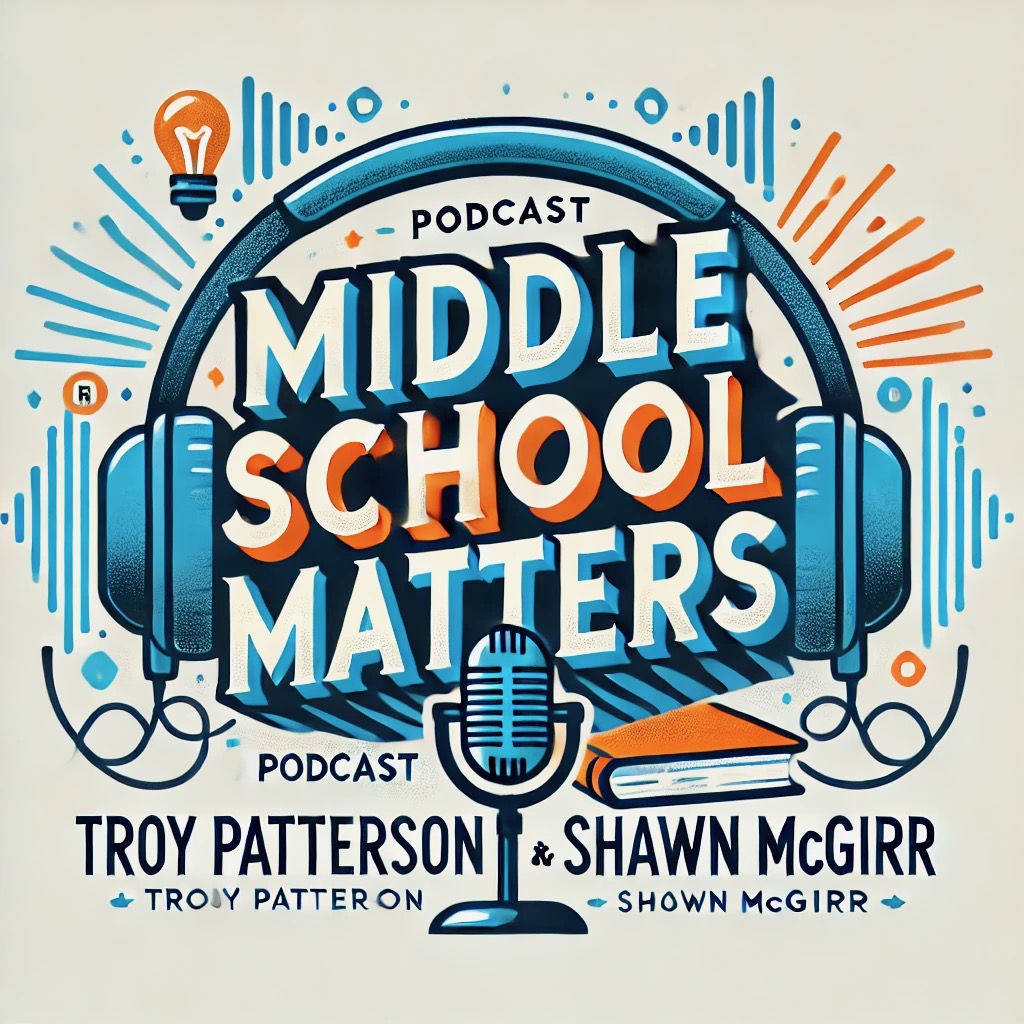 Middle School Matters Podcast surrounded by headphones. A microphone is in the front.