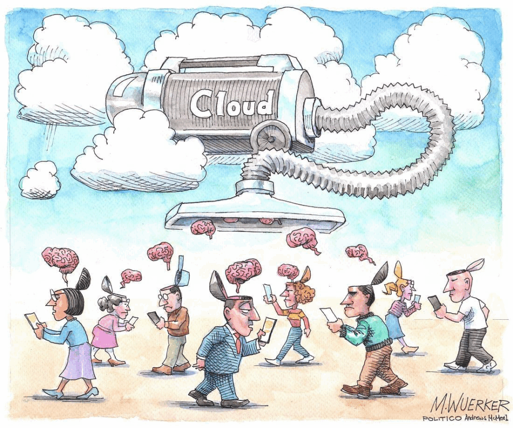 Image of a large vacuum cleaner in the sky, surrounded by clouds, with "Cloud" written on it. Humans are walking around looking at phones with the top of their heads open and brains moving toward the vacuum cleaner end. 